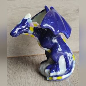 Blue Speckled Medieval Dragon Handcrafted Ceramic Signed 4.25" Tall
